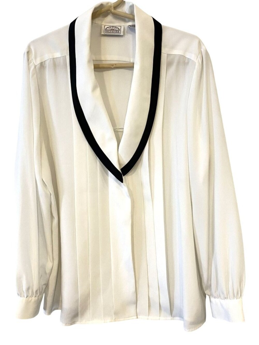 Vintage Field Manor Womens 12 White Black Tuxedo Blouse Pleated Shawl Collar 80s
